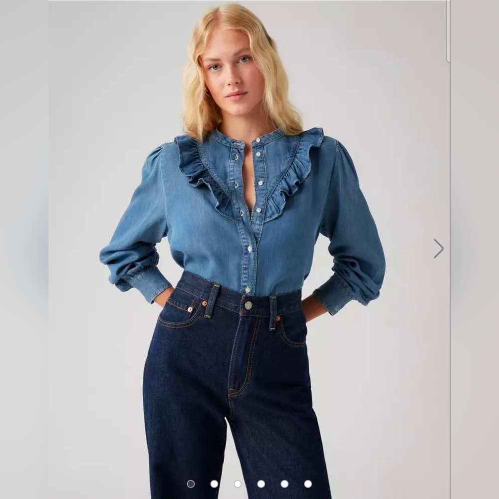 LEVI'S Carinna Soft Denim Western Ruffle Button Down Shirt Blouse L